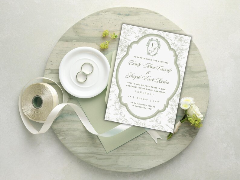 Sage Green Wedding Invitation Template Toile Floral Line Art Printable Invite Botanical Wedding Suite image 11