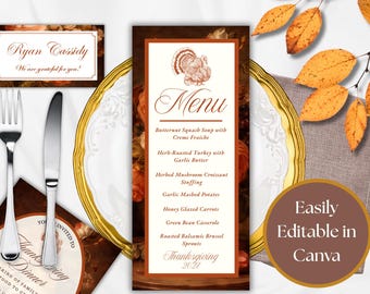Terracotta Thanksgiving Menu, Friendsgiving Party Table Decor, Bold Floral Pattern, Editable Canva Template, Instant Download