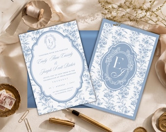 French Blue Wedding Invitation | Dusty Blue Vintage Toile Editable Canva Template | Heirloom Monogram Invite | Something Blue Wedding