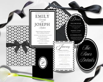 Black White Art Deco Wedding Invitation Suite, Bold Graphic Wedding Stationery,  Editable Canva, Instant Download