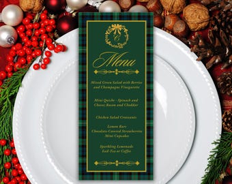 Windsor Plaid Christmas Dinner Menu Template | Editable Holiday Printable | Monogram Party Decor | Menu Card