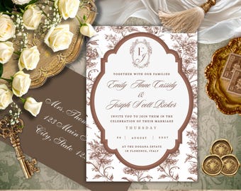 Brown Elegant Wedding Invitation, Vintage Botanical Toile, Editable Canva, Instant Download, Old Money Fall Autumn Wedding
