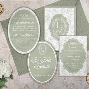 Sage Green Wedding Invitation Template Toile Floral Line Art Printable Invite Botanical Wedding Suite image 17