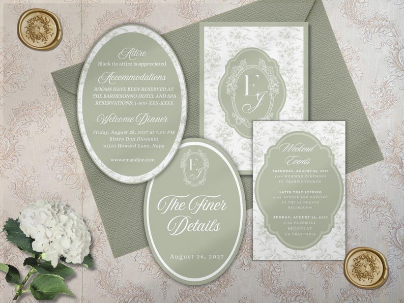 Sage Green Wedding Invitation Template Toile Floral Line Art Printable Invite Botanical Wedding Suite image 17