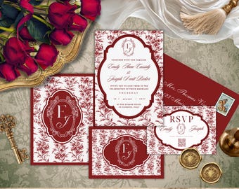 Red Toile Wedding Suite Mini Bundle, Vintage Christmas Wedding Invitation,  Editable Canva, Instant Download