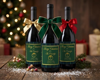 Windsor Plaid Holiday Wine Label | Christmas Bottle Label Printable | Elegant Wreath Monogram Holiday Dinner Party Decor