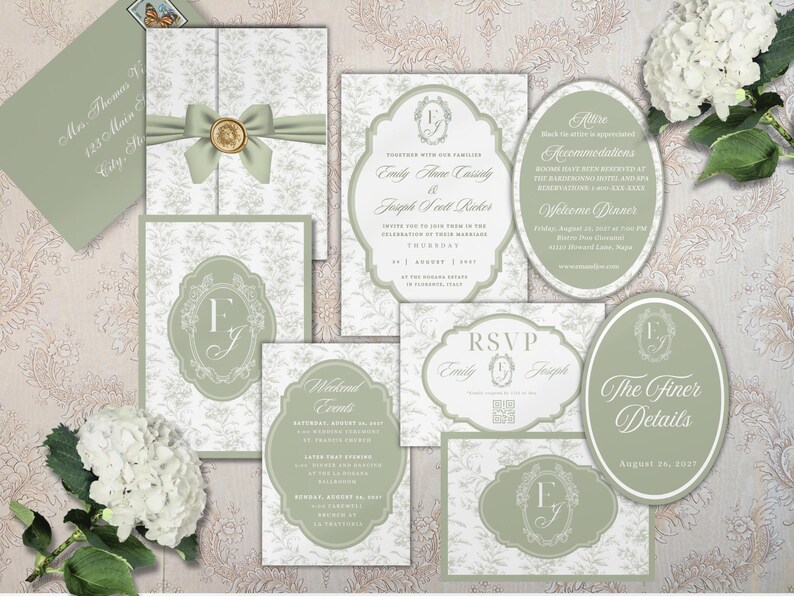 May include: A sage green and white wedding stationery suite featuring floral patterns, ornate frames, and a gold wax seal. The set includes rectangular and oval cards with printed text, monograms, and RSVP details, accompanied by a matching envelope.