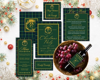 Windsor Plaid Holiday Hosting Bundle | Christmas Party Printable Set Invitation, Menu, Place Cards, Wine Label & Gift Tags