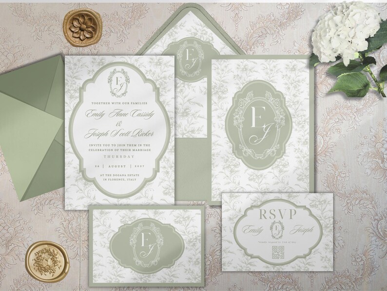 May include: A sage green and white wedding stationery set featuring floral patterns, ornate frames, and monogrammed initials. The invitation includes text for Emily Anne Cassidy and Joseph Scott Ricker, with an RSVP card and matching envelopes.