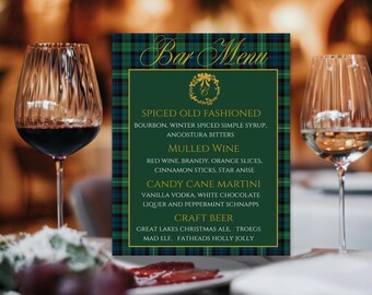 Windsor Plaid Christmas Cocktail Menu Template | Editable Holiday Bar Menu Printable |  Hostess Gift | Christmas Gift| Monogram Party Decor