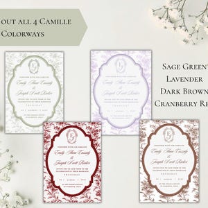 May include: Four rectangular wedding invitation cards featuring a central oval frame with a monogram and floral background. The text reads Check out all 4 Camille colorways, Sage Green, Lavender, Dark Brown, and Cranberry Red with names and dates.