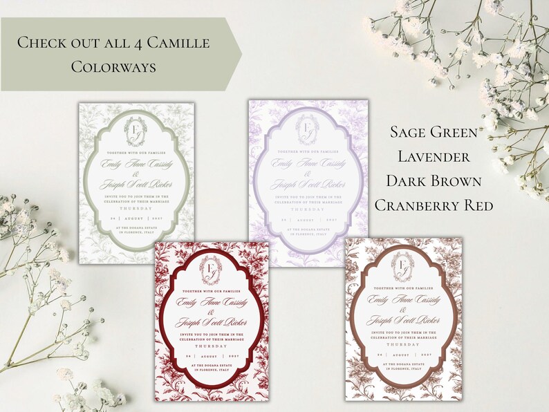 May include: Four rectangular wedding invitation cards featuring a central oval frame with a monogram and floral background. The text reads Check out all 4 Camille colorways, Sage Green, Lavender, Dark Brown, and Cranberry Red with names and dates.