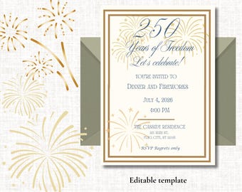 250 lat wolności, zaproszenie na rocznicę 4 lipca, impreza z pokazem złotych fajerwerków, edytowalny szablon na Dzień Niepodległości