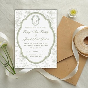 Sage Green Wedding Invitation Template Toile Floral Line Art Printable Invite Botanical Wedding Suite image 7