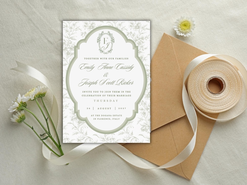 Sage Green Wedding Invitation Template Toile Floral Line Art Printable Invite Botanical Wedding Suite image 7