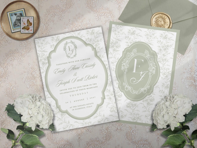 May include: Two rectangular wedding invitation cards featuring a sage green and white floral toile pattern. The left card displays text including Emily Anne Cassidy and Joseph Scott Ricker. The right card features a central oval monogram with the letters EJ.