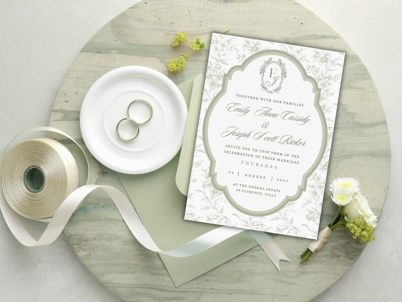 May include: A rectangular wedding invitation card with sage green accents and floral patterns, featuring the text Emily Anne Cassidy and Joseph Scott Ricker, August 2025, at The Dogana Estate in Florence, Italy, alongside two silver rings and ribbon.