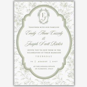 Sage Green Wedding Invitation Template Toile Floral Line Art Printable Invite Botanical Wedding Suite image 5