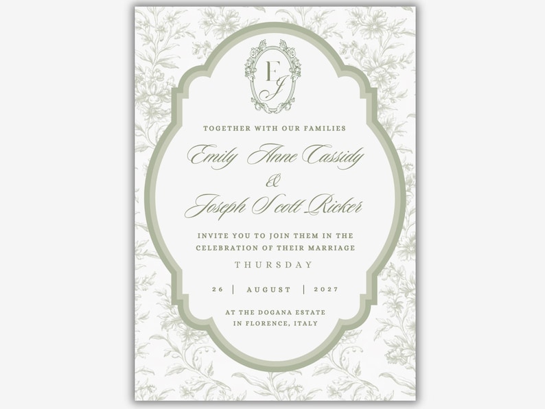 Sage Green Wedding Invitation Template Toile Floral Line Art Printable Invite Botanical Wedding Suite image 5