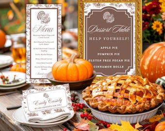 Thanksgiving Friendsgiving Party Bundle, Editable Canva Invitation Suite, Vintage Botanical Toile, Brown Fall Dinner Party