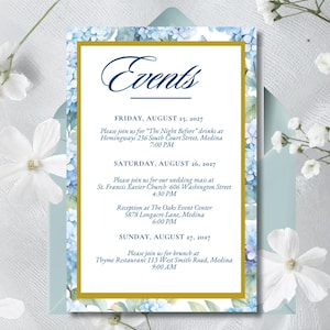 May include: An invitation with a floral design, featuring the word "Events" in elegant script. The invitation includes details for a series of events, including drinks, a wedding mass, reception, and brunch, with dates, times, and locations.