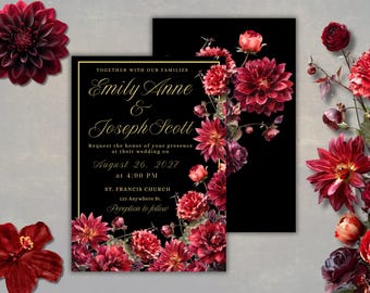 Dark Romance Wedding Invitation, Black Floral Wedding, Moody Botanical Invite, Gothic Romance Invitation Editable Canva, Instant Download