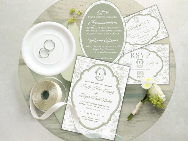 May include: A wedding invitation suite featuring sage green and white floral patterns, including a main invitation, RSVP cards, and an oval information card. The set is accompanied by two silver rings, a spool of cream ribbon, and a small white floral boutonniere.