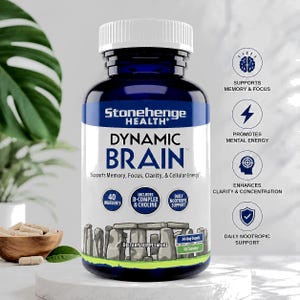 May include: A blue plastic bottle of Stonehenge Health Dynamic Brain dietary supplement with a white cap. The label features the product name, 40 ingredients, B-complex and choline, and 60 capsules. Icons indicate support for memory, focus, and energy.