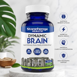 May include: A blue plastic bottle of Stonehenge Health Dynamic Brain dietary supplement with a white cap. The label features the text 40 Ingredients, Includes B-Complex & Choline, Daily Nootropic Support, and 60 Capsules, with icons for brain health.