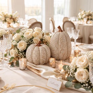 May include: Two decorative pumpkins with a textured, off-white finish and metallic copper-colored stems. The pumpkins are arranged on a table alongside bouquets of cream-colored roses, baby's breath, eucalyptus leaves, and small glass votive candles.