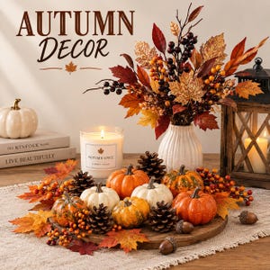 May include: Autumn decor display featuring a white ribbed vase with faux maple leaves, berries, and pinecones. A candle labeled Autumn Spice sits beside a wooden tray filled with small orange and white pumpkins, pinecones, and acorns.