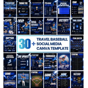 Puede incluir: Un conjunto de más de 30 plantillas de Canva para redes sociales sobre béisbol de viaje. Las plantillas presentan una combinación de colores azul oscuro y blanco con gráficos y texto temáticos de béisbol, incluidos anuncios del día del juego.