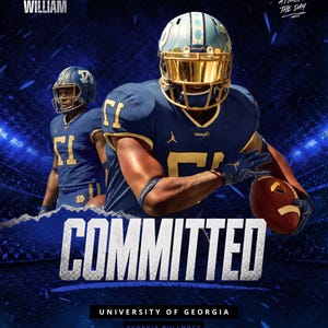 Puede incluir: Gráfico digital con dos jugadores de fútbol americano con uniformes azul marino y dorado. Se muestra la palabra «COMMITTED», junto con «UNIVERSITY OF GEORGIA» y «GEORGIA BULLDOGS». El jugador en primer plano sostiene un balón.