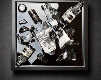 Smashed rum bottle resin frame art
