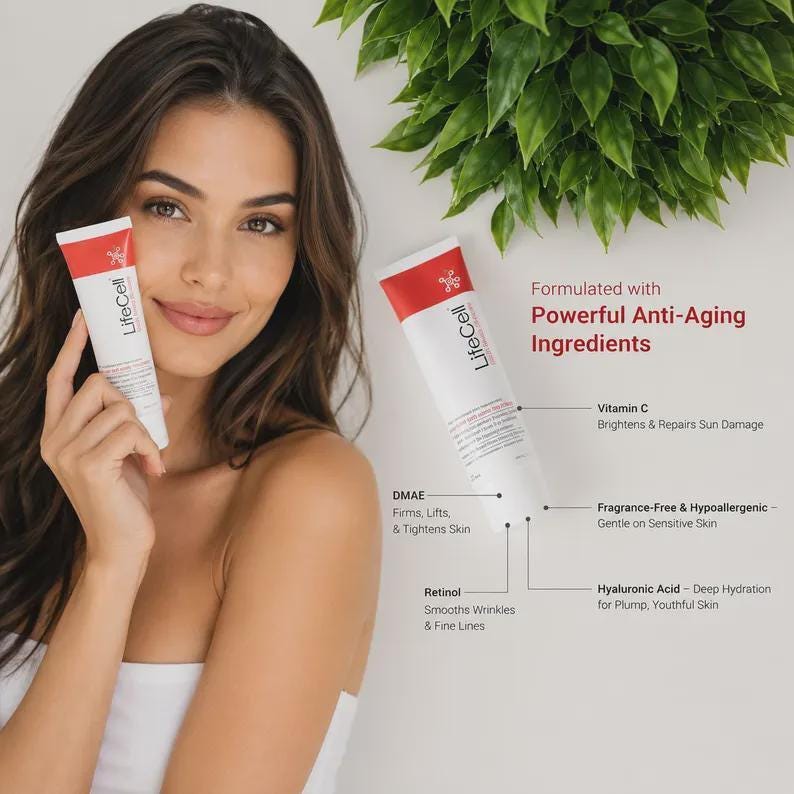 K&ouml;nnte beinhalten: Eine Frau h&auml;lt zwei wei&szlig;e und rote LifeCell Anti-Aging-Cremetuben. Der Text im Bild hebt Inhaltsstoffe wie Vitamin C, Retinol und Hyalurons&auml;ure hervor. Das Bild erw&auml;hnt auch DMAE. Das Produkt ist parf&uuml;mfrei.
