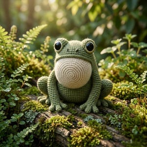 May include: A crocheted frog with large black eyes and a light beige belly sits on a moss-covered log. The frog is a soft green color and is surrounded by lush green foliage, creating a whimsical, nature-inspired scene.