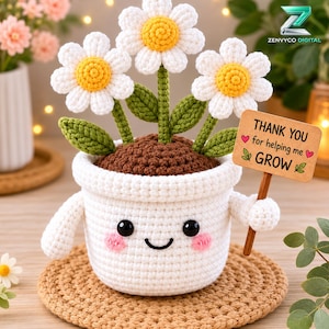 Virkat prästkragemönster för blomkruka, amigurumi-växt i plyschformat, blommig skrivbordsdekoration present