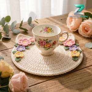 May include: A white ceramic teacup with a floral pattern featuring pink, yellow, and red roses, resting on a round, cream-colored crocheted coaster. The coaster is decorated with small, colorful crocheted flowers in pink, purple, and yellow.