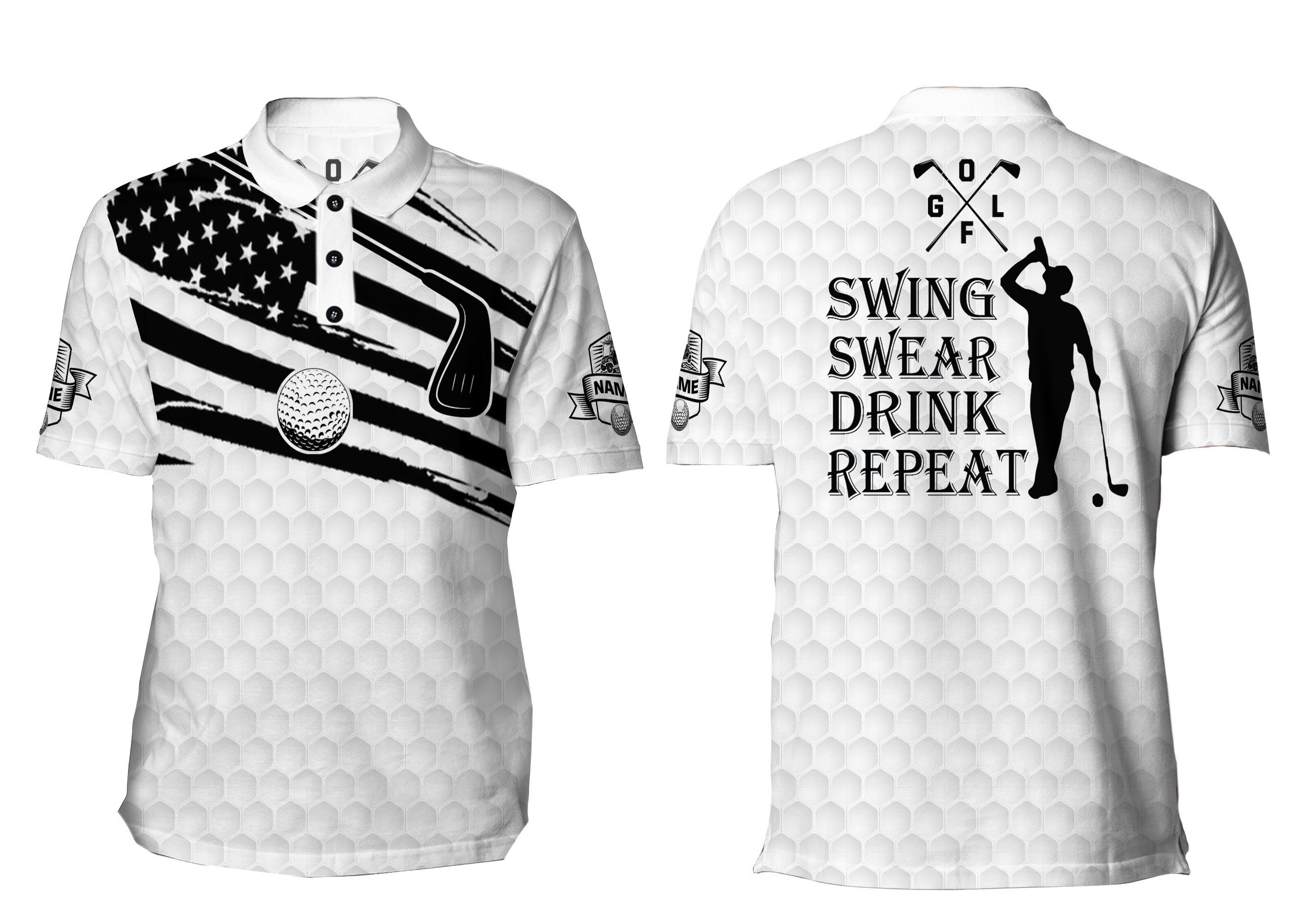 Personalized 3D Funny Golf Polo Shirts For Men Swing, Swear, Drink