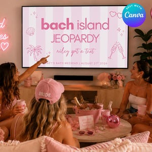 May include: A digital television screen displays a pink and white striped graphic with the text bach island JEOPARDY, riley got a text, and RILEY'S BACH WEEKEND | AUGUST 21ST 2026, decorated with line art of a seashell, palm tree, and champagne flutes.