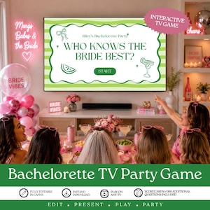 May include: An interactive TV game for a bachelorette party displayed on a screen with a green and white wavy border. The text reads Riley's Bachelorette Party, WHO KNOWS THE BRIDE BEST?, and a Start button, accompanied by lime and cocktail icons.