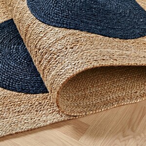 Blue Geometric Jute Area Rug, Handwoven Natural Rectangular Carpet for Living Room and Bedroom Decor