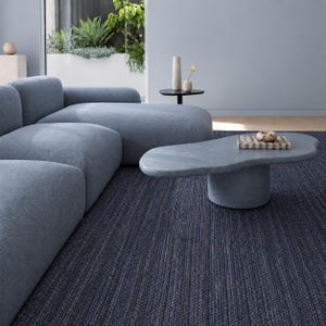 Peut inclure: Un canapé modulaire bleu clair aux bords arrondis associé à une table basse organique assortie sur un tapis texturé bleu foncé. La table basse présente une base cylindrique épaisse et un livre posé sur sa surface dans un salon.