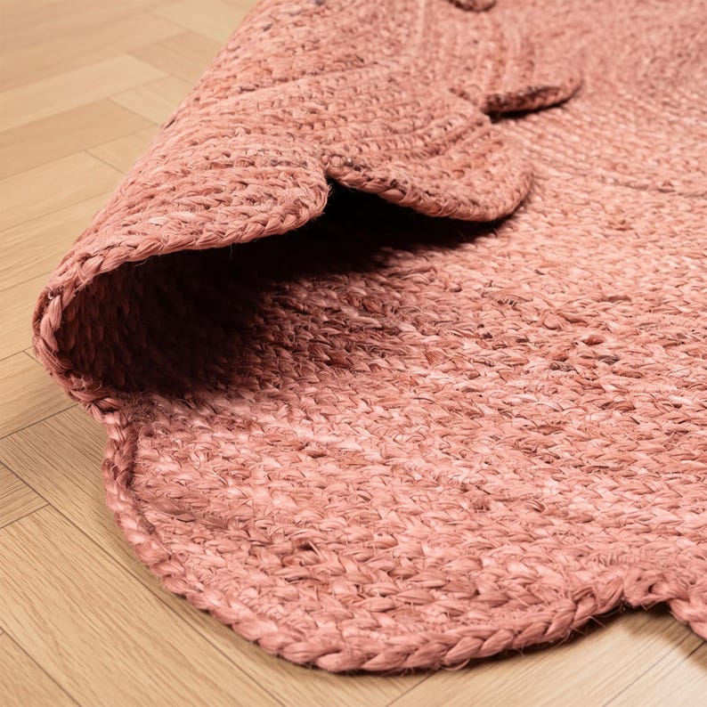 Braided Circular Rag Rug Handwoven Braided Dusty Pink Scalloped Jute Rug, Round Boho Area Carpet ...