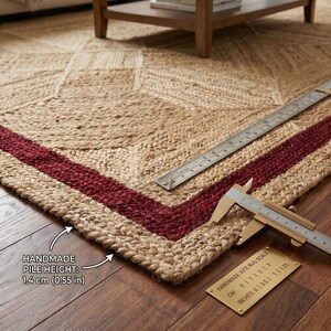 Hand-Braided Natural Jute Area Rug, Rectangular Burgundy Border Patchwork, Custom Size