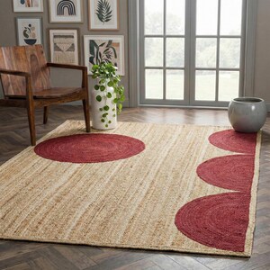 Red Geometric Jute Area Rug, Handwoven Natural Rectangular Carpet for Living Room and Bedroom Decor