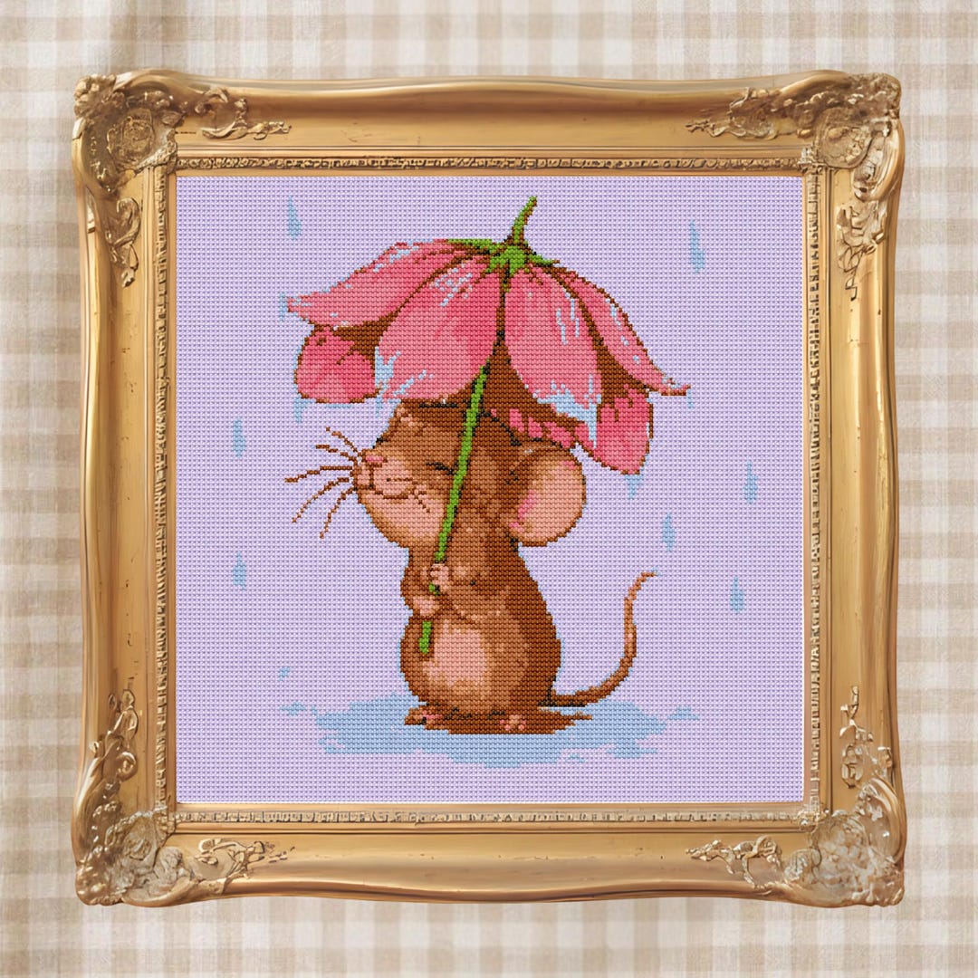 Pink Bellflower Mouse Cross Stitch Pattern PDF, Cute Spring Mouse ...