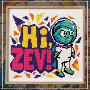 Schema per punto croce "Ciao Zev" in PDF, ispirato a Carl di Dungeon Crawler, regalo per appassionati di libri di fantascienza, divertente alieno per punto croce, decorazione geek.