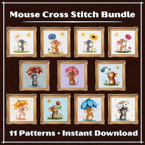 Op de afbeelding: Elf ingelijste kruissteekpatronen met muizen, elk met een bloem of paraplu. De tekst luidt "Mouse Cross Stitch Bundle" en "11 Patterns • Instant Download". De lijsten hebben een gouden rand.