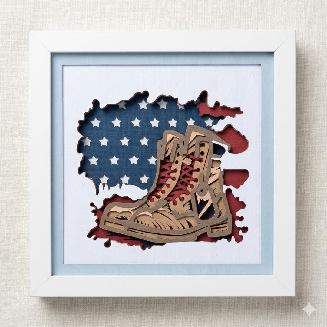 3D Military Combat Boots Shadow Box Art - Layer Paper American Flag ...